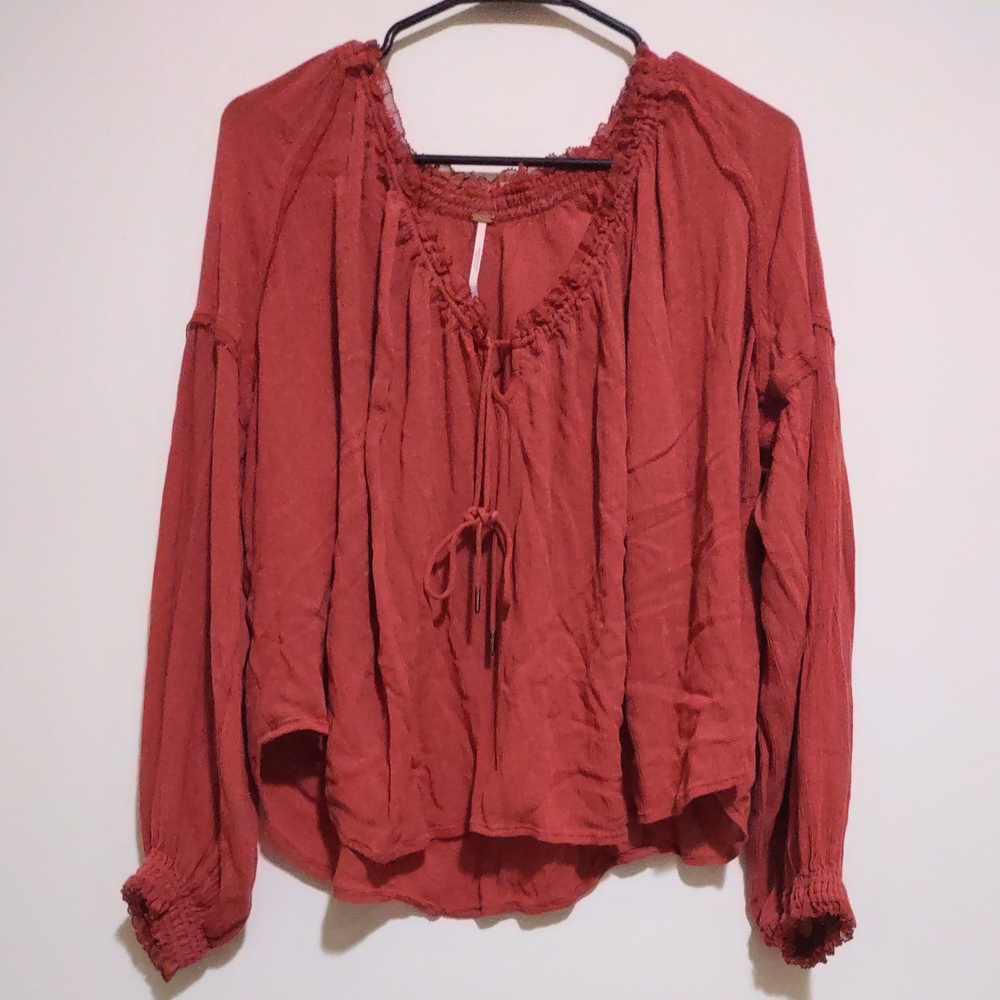 Free People Red Ruffled Long Sleeve Blouse